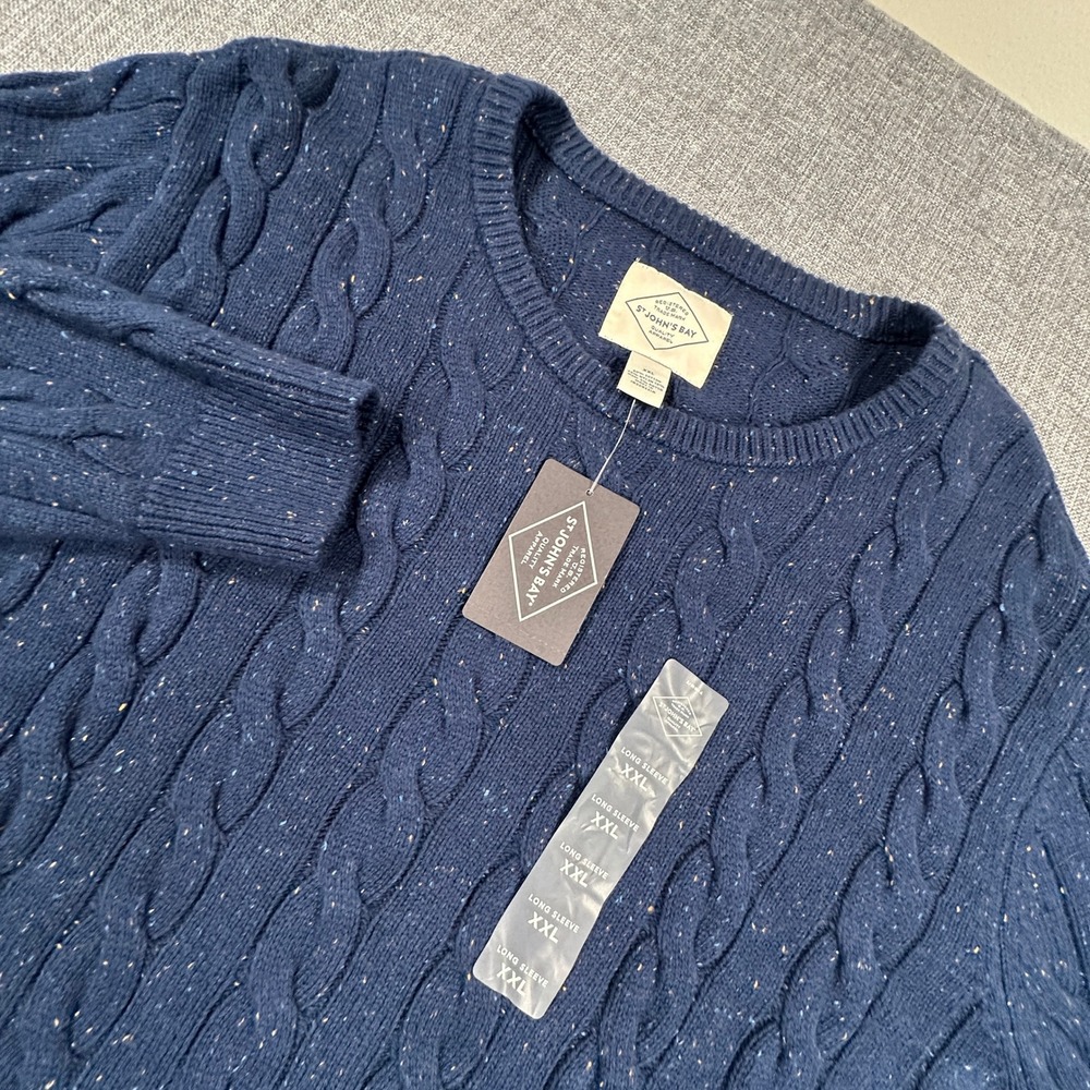 St. Johns Bay Cable Knit Sweater Mens XXL Navy Speckled Wool Blend Fisherman NEW